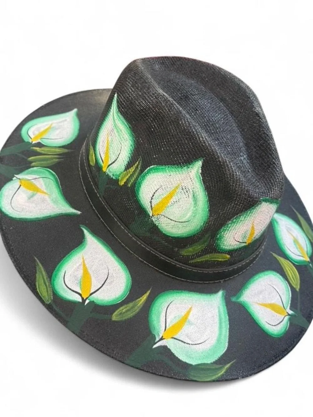 Hand-Painted Oaxaca Black Fedora with White & Green Lily of the valley motifs